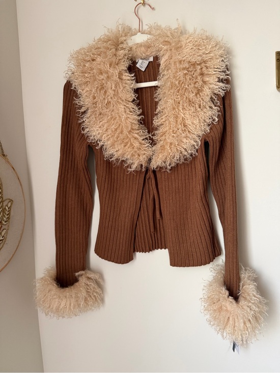 Haute Hippie Sweaters - Brown Ribbed Tie-Front Cardigan with Cream Faux-Shearling Trim
